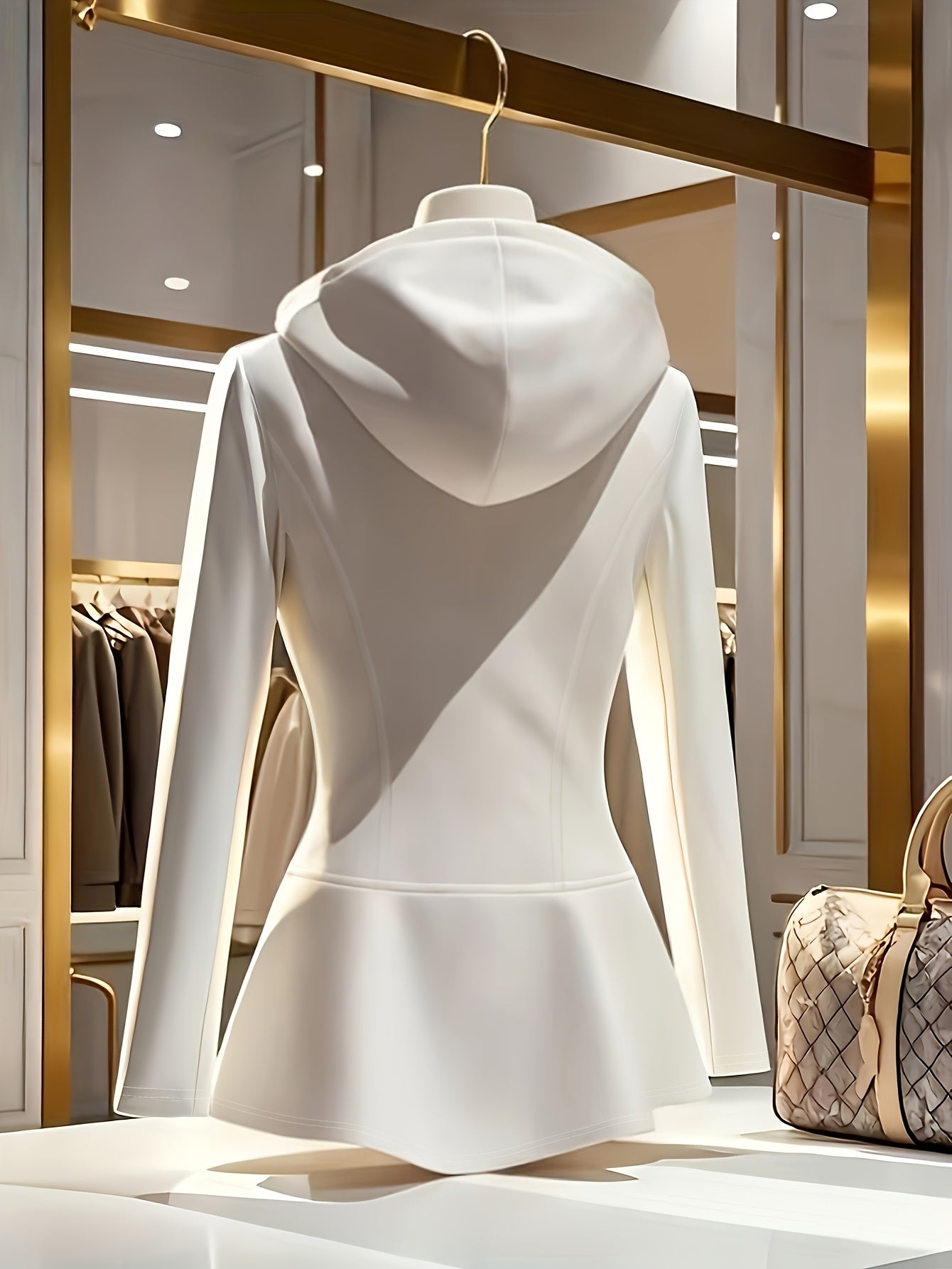 Women's Elegant White Hooded Jacket with Stand Collar & Zipper Front - Stretchy Mid-Weight Coat, Flared Hem, Golden-Tone Zippers, All-Season Versatile Outerwear, Stylish Streetwear, Durable Zipper Closure
