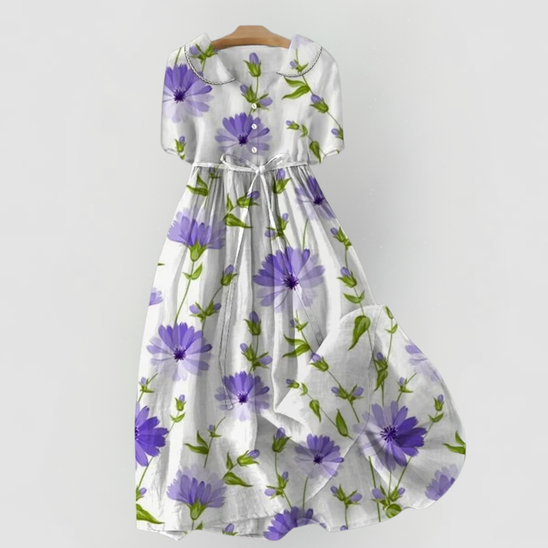 Sage - Vintage Floral Dress with Waist Ties and Half Sleeves