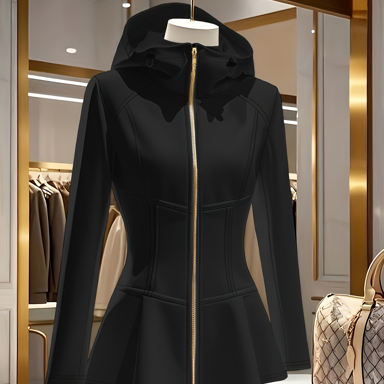 Women's Elegant White Hooded Jacket with Stand Collar & Zipper Front - Stretchy Mid-Weight Coat, Flared Hem, Golden-Tone Zippers, All-Season Versatile Outerwear, Stylish Streetwear, Durable Zipper Closure