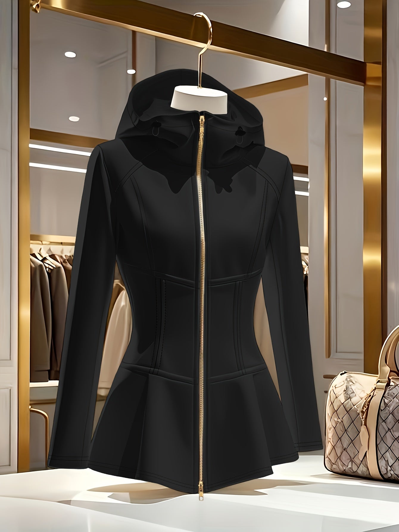 Women's Elegant White Hooded Jacket with Stand Collar & Zipper Front - Stretchy Mid-Weight Coat, Flared Hem, Golden-Tone Zippers, All-Season Versatile Outerwear, Stylish Streetwear, Durable Zipper Closure