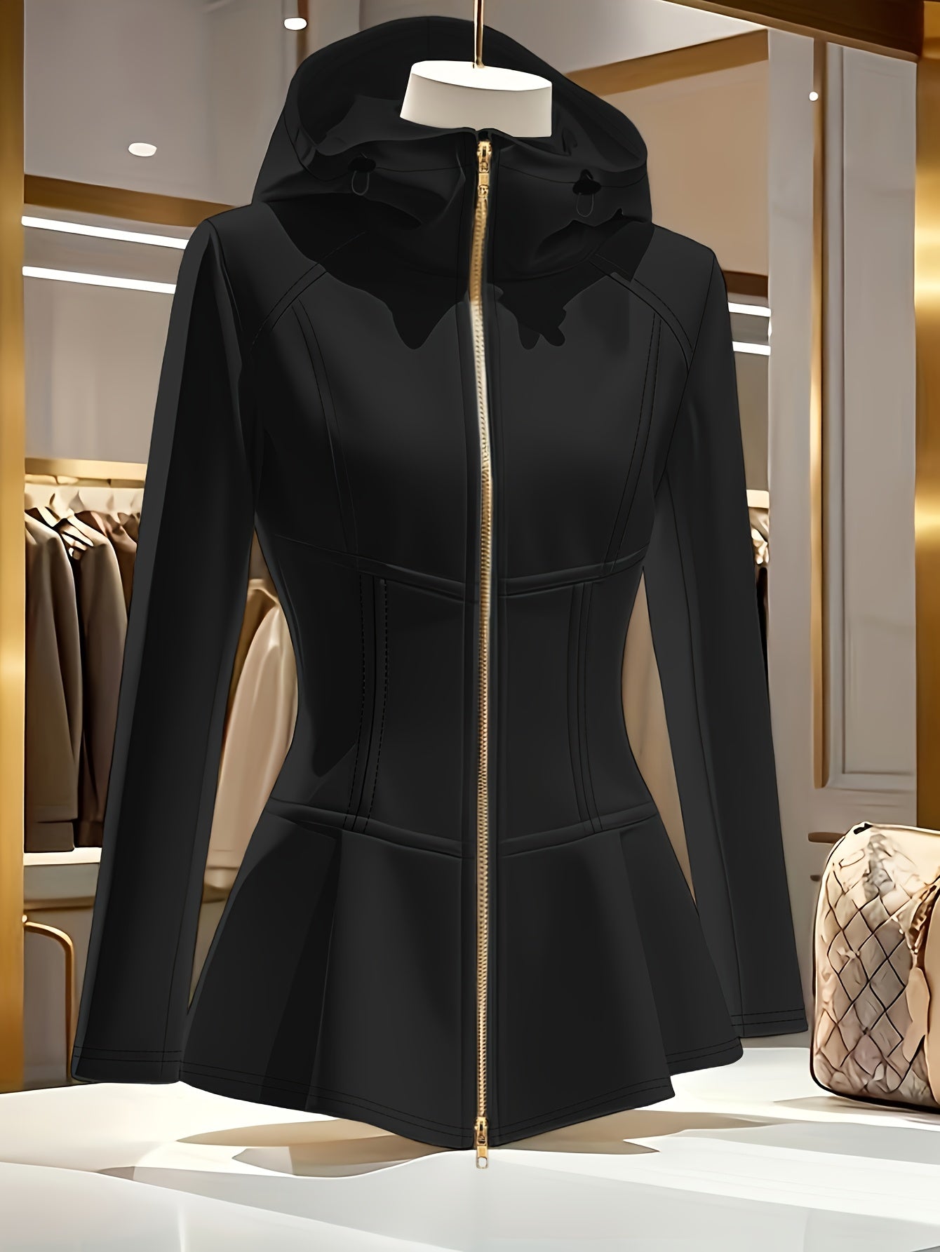 Women's Elegant White Hooded Jacket with Stand Collar & Zipper Front - Stretchy Mid-Weight Coat, Flared Hem, Golden-Tone Zippers, All-Season Versatile Outerwear, Stylish Streetwear, Durable Zipper Closure