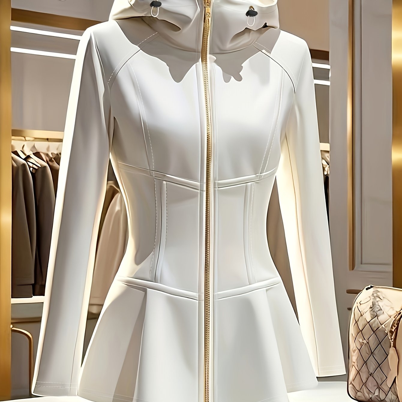 Women's Elegant White Hooded Jacket with Stand Collar & Zipper Front - Stretchy Mid-Weight Coat, Flared Hem, Golden-Tone Zippers, All-Season Versatile Outerwear, Stylish Streetwear, Durable Zipper Closure