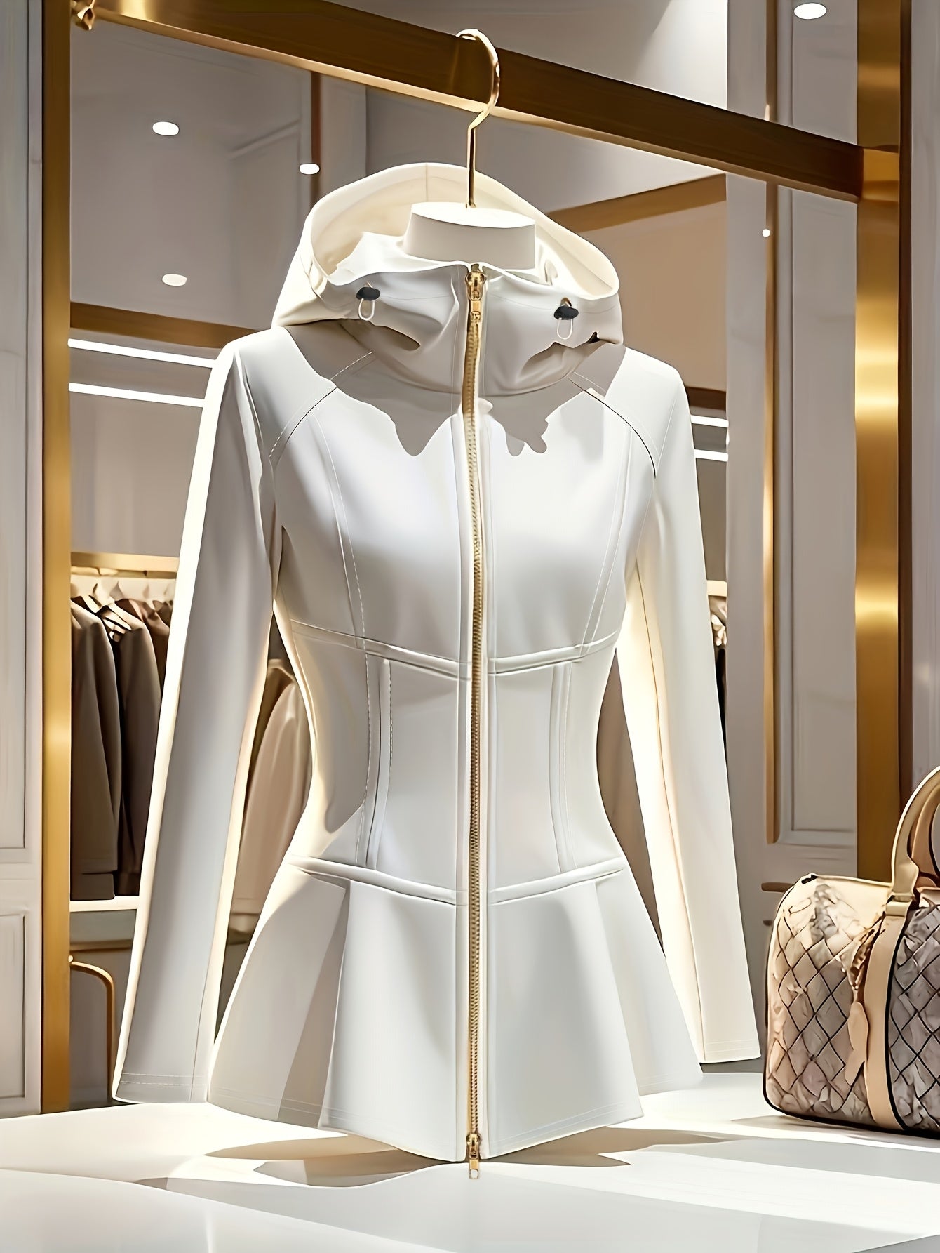 Women's Elegant White Hooded Jacket with Stand Collar & Zipper Front - Stretchy Mid-Weight Coat, Flared Hem, Golden-Tone Zippers, All-Season Versatile Outerwear, Stylish Streetwear, Durable Zipper Closure