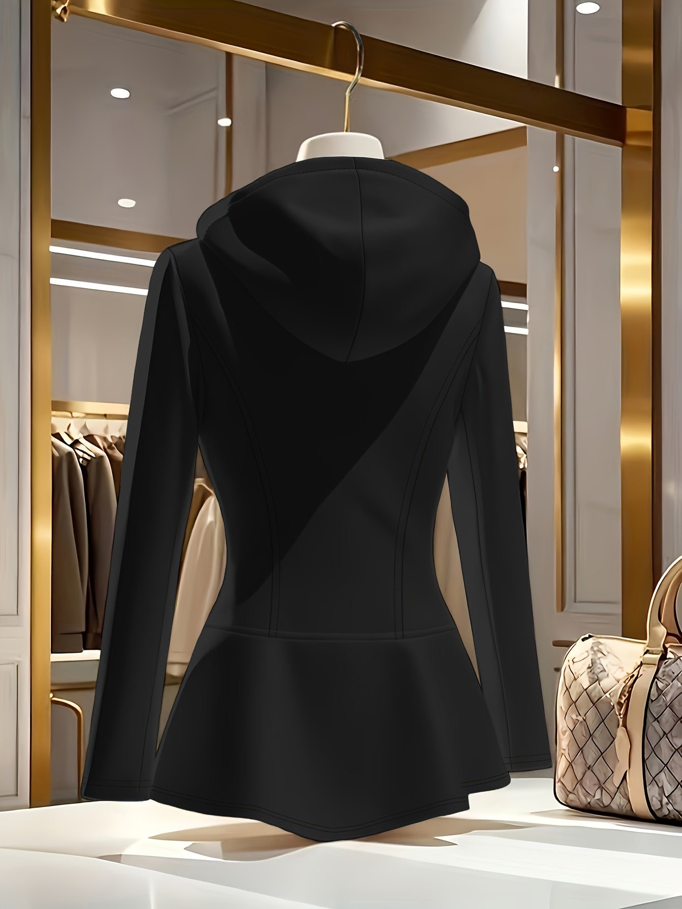 Women's Elegant White Hooded Jacket with Stand Collar & Zipper Front - Stretchy Mid-Weight Coat, Flared Hem, Golden-Tone Zippers, All-Season Versatile Outerwear, Stylish Streetwear, Durable Zipper Closure