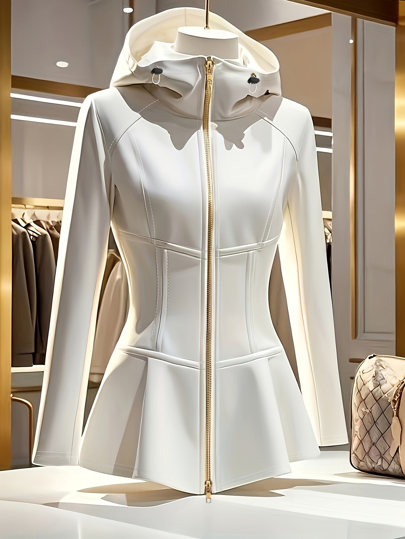 Women's Elegant White Hooded Jacket with Stand Collar & Zipper Front - Stretchy Mid-Weight Coat, Flared Hem, Golden-Tone Zippers, All-Season Versatile Outerwear, Stylish Streetwear, Durable Zipper Closure