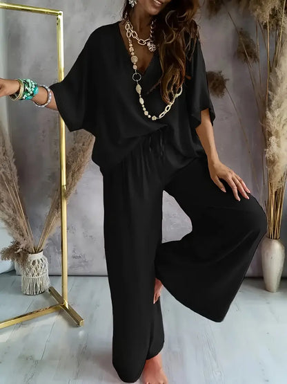 Mia™ - Casual V Neck Top with Wide Leg Pants Set