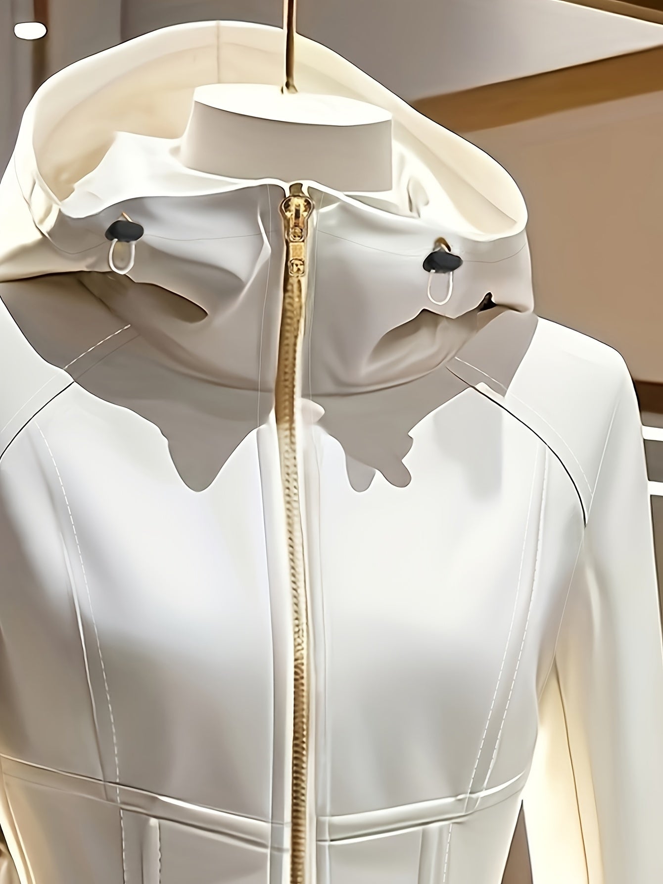 Women's Elegant White Hooded Jacket with Stand Collar & Zipper Front - Stretchy Mid-Weight Coat, Flared Hem, Golden-Tone Zippers, All-Season Versatile Outerwear, Stylish Streetwear, Durable Zipper Closure