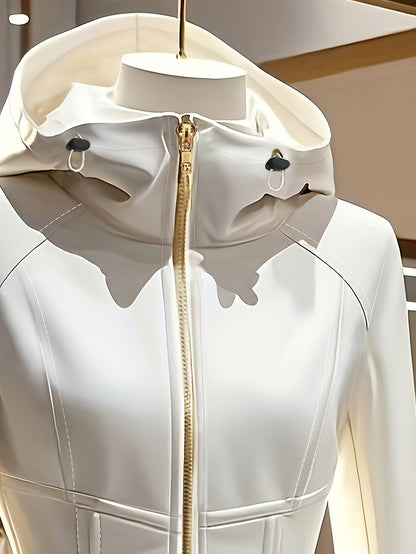 Women's Elegant White Hooded Jacket with Stand Collar & Zipper Front - Stretchy Mid-Weight Coat, Flared Hem, Golden-Tone Zippers, All-Season Versatile Outerwear, Stylish Streetwear, Durable Zipper Closure