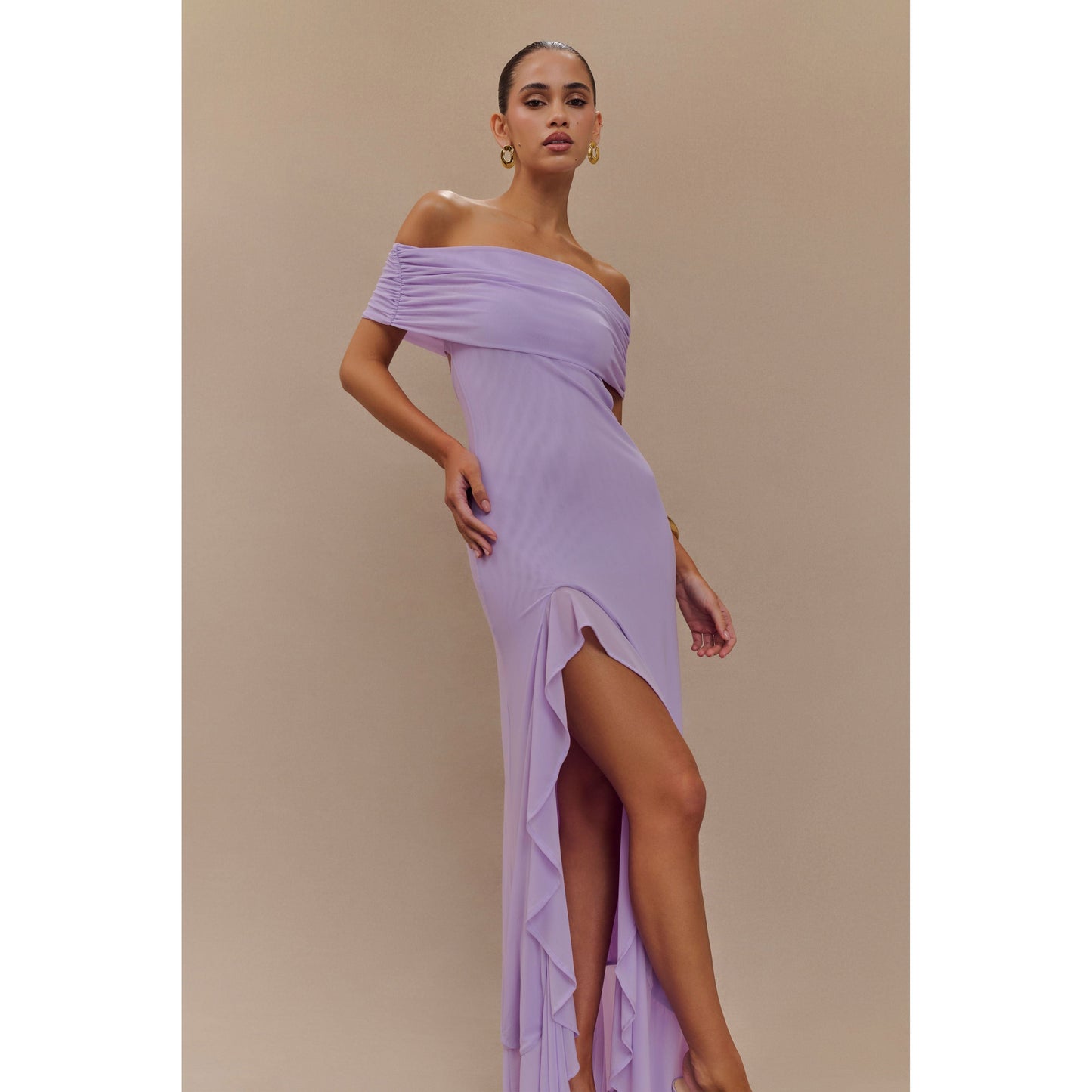Audrey Off Shoulder Mesh Maxi Dress - Lilac