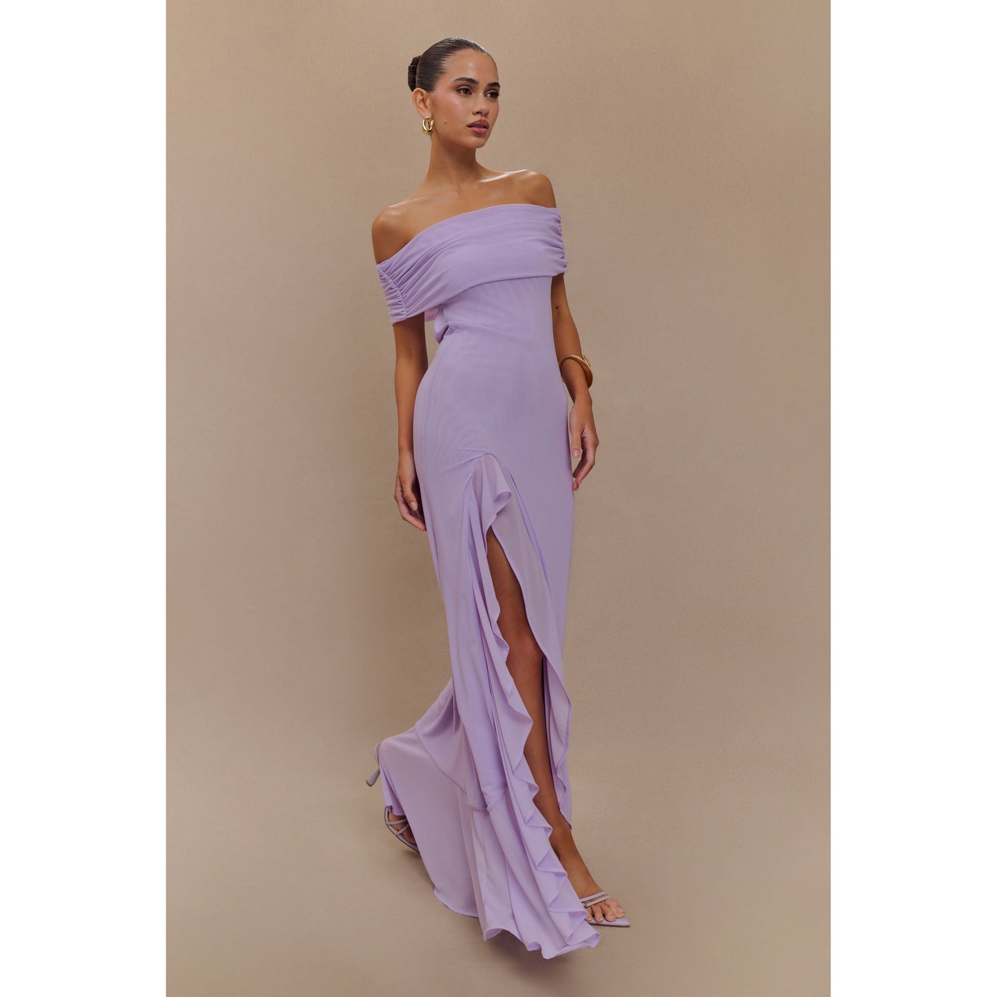 Audrey Off Shoulder Mesh Maxi Dress - Lilac
