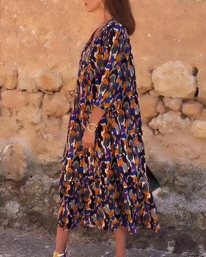 Carla – Long V-Neck Dress with Retro Pattern