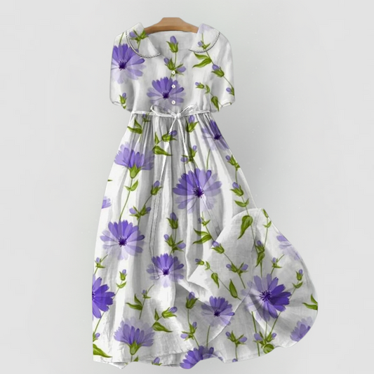 Sage - Vintage Floral Dress with Waist Ties and Half Sleeves