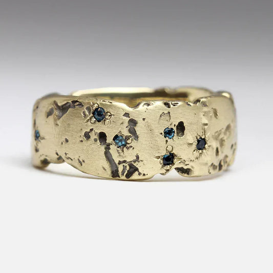 Antique Golden Forged Blue Inlaid Crystal Ring | Gold 16k