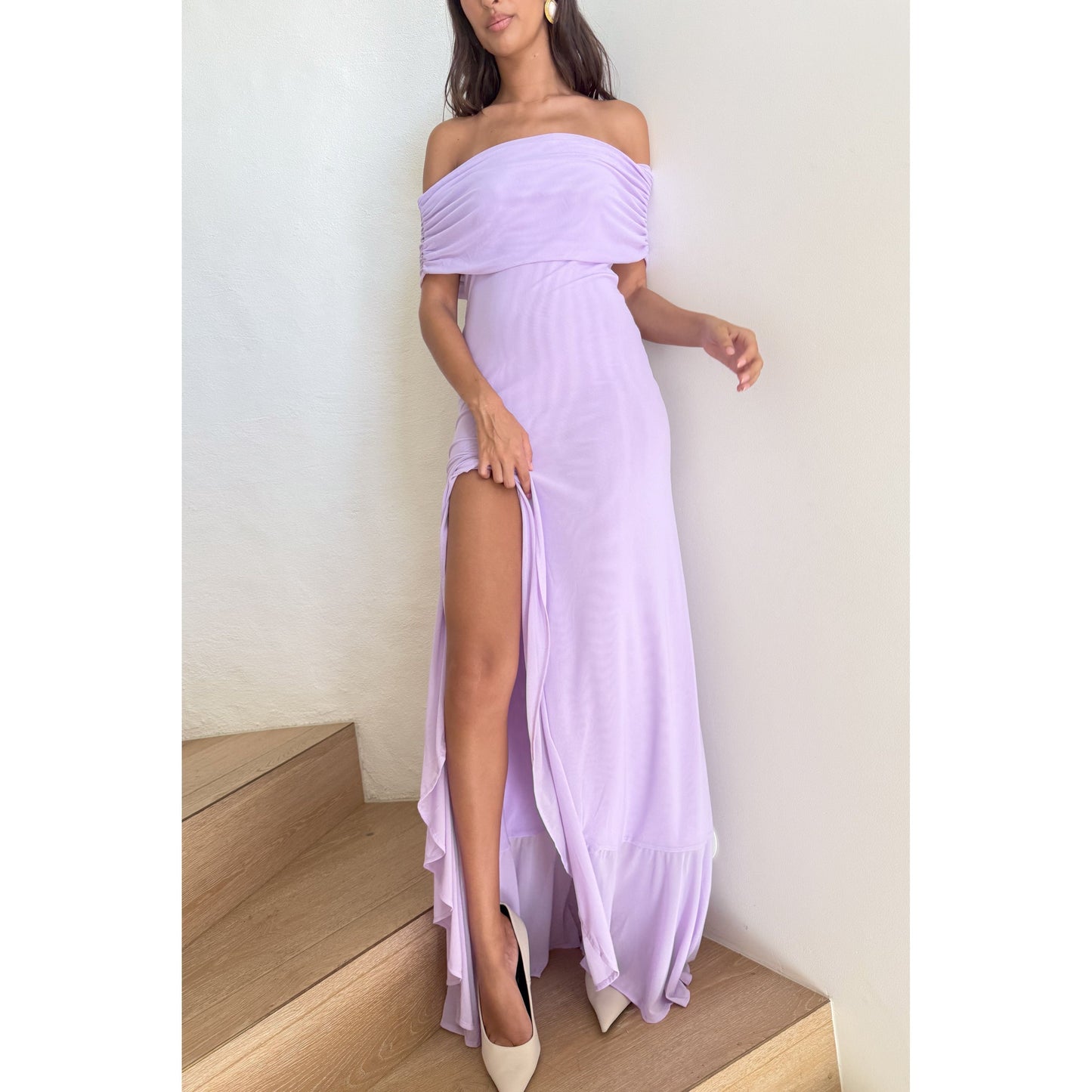 Audrey Off Shoulder Mesh Maxi Dress - Lilac