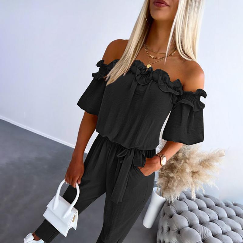 Emerald | Chic Off Shoulder Frill Tie-Waist Jumpsuit