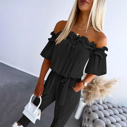 Emerald | Chic Off Shoulder Frill Tie-Waist Jumpsuit