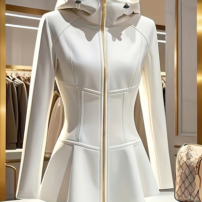 Women's Elegant White Hooded Jacket with Stand Collar & Zipper Front - Stretchy Mid-Weight Coat, Flared Hem, Golden-Tone Zippers, All-Season Versatile Outerwear, Stylish Streetwear, Durable Zipper Closure