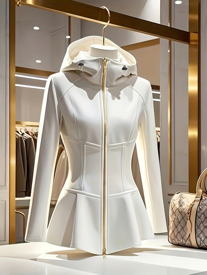 Women's Elegant White Hooded Jacket with Stand Collar & Zipper Front - Stretchy Mid-Weight Coat, Flared Hem, Golden-Tone Zippers, All-Season Versatile Outerwear, Stylish Streetwear, Durable Zipper Closure