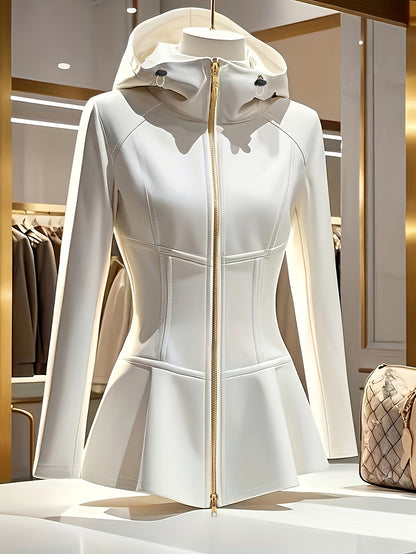 Women's Elegant White Hooded Jacket with Stand Collar & Zipper Front - Stretchy Mid-Weight Coat, Flared Hem, Golden-Tone Zippers, All-Season Versatile Outerwear, Stylish Streetwear, Durable Zipper Closure