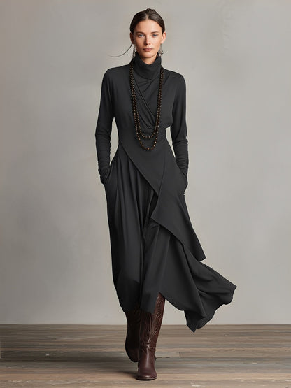 Elena | Asymmetric Turtleneck Maxi Knit Dress