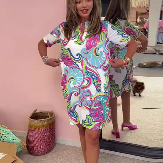 Heloise - Colorful Printed V-Neck Dress