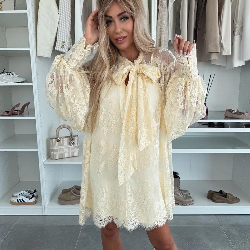 Bonnie | Lace Mini Dress With Tie Neck
