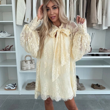 Bonnie | Lace Mini Dress With Tie Neck