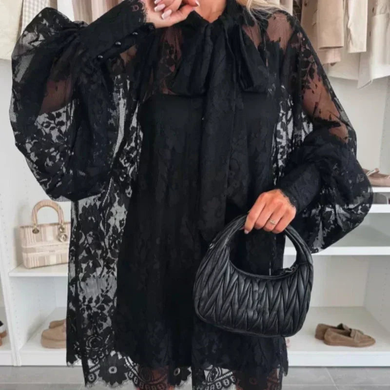 Bonnie | Lace Mini Dress With Tie Neck