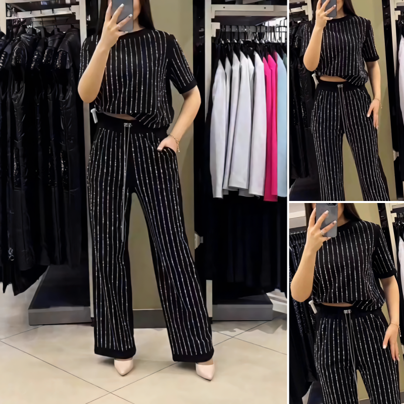Rihanna | Sparkling Rhinestone Striped Knit Two-Piece Set
