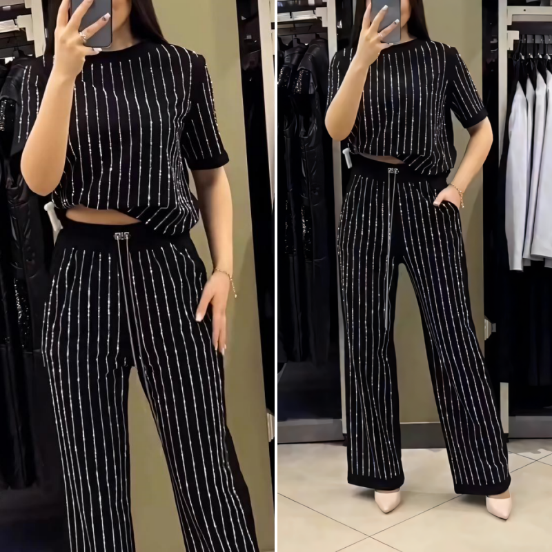 Rihanna | Sparkling Rhinestone Striped Knit Two-Piece Set