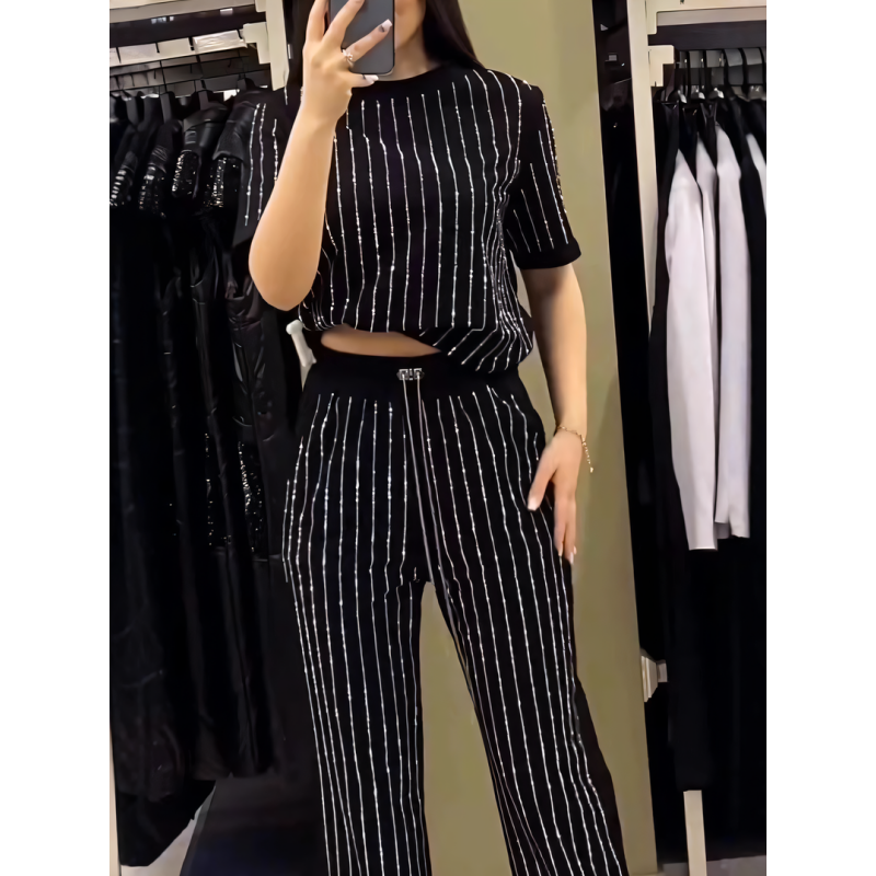 Rihanna | Sparkling Rhinestone Striped Knit Two-Piece Set