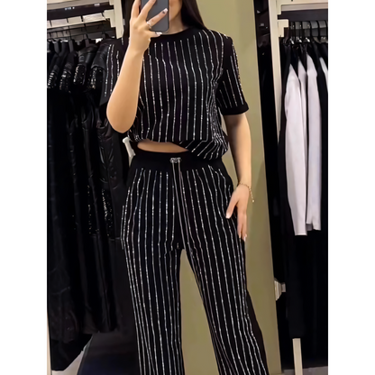 Rihanna | Sparkling Rhinestone Striped Knit Two-Piece Set