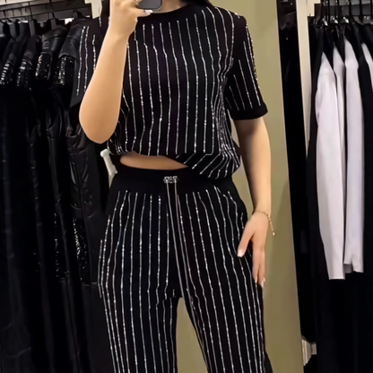 Rihanna | Sparkling Rhinestone Striped Knit Two-Piece Set