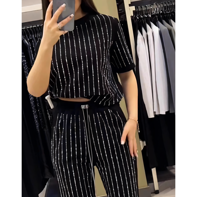 Rihanna | Sparkling Rhinestone Striped Knit Two-Piece Set