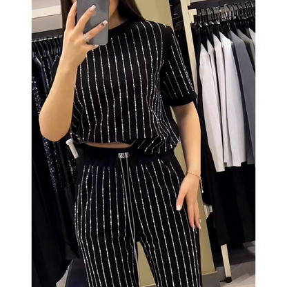 Rihanna | Sparkling Rhinestone Striped Knit Two-Piece Set