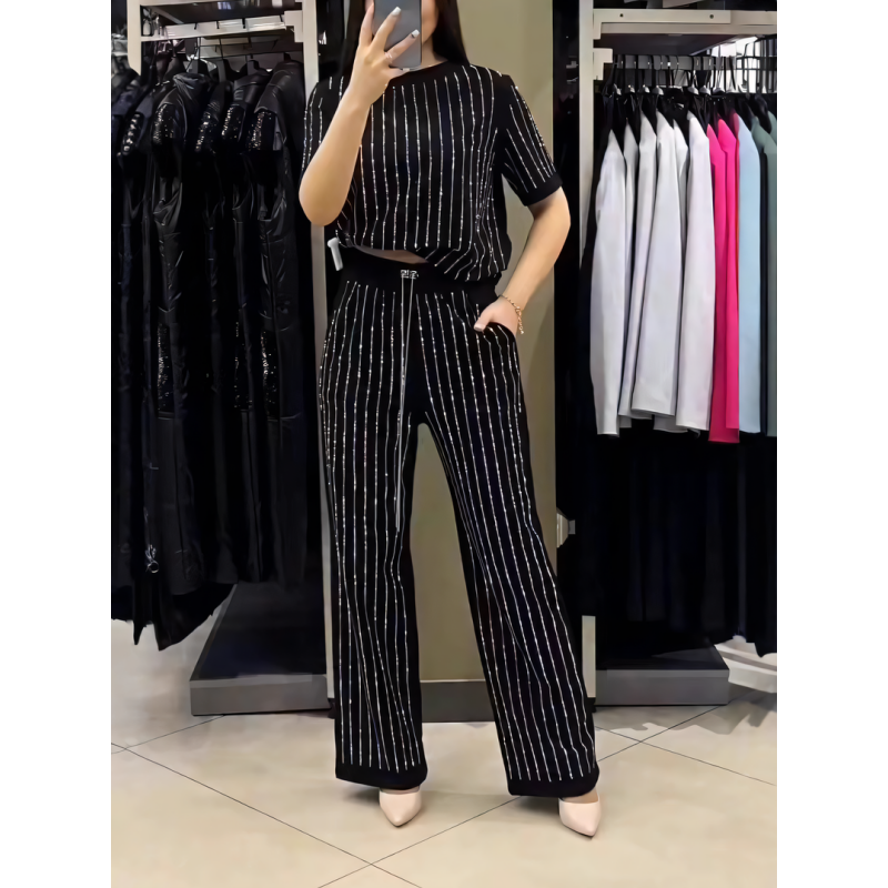 Rihanna | Sparkling Rhinestone Striped Knit Two-Piece Set