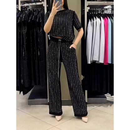 Rihanna | Sparkling Rhinestone Striped Knit Two-Piece Set